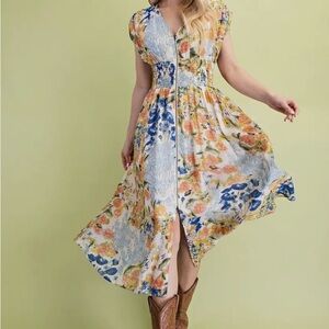 Floral Midi Dress with a Front Zipper and Smocked Waist